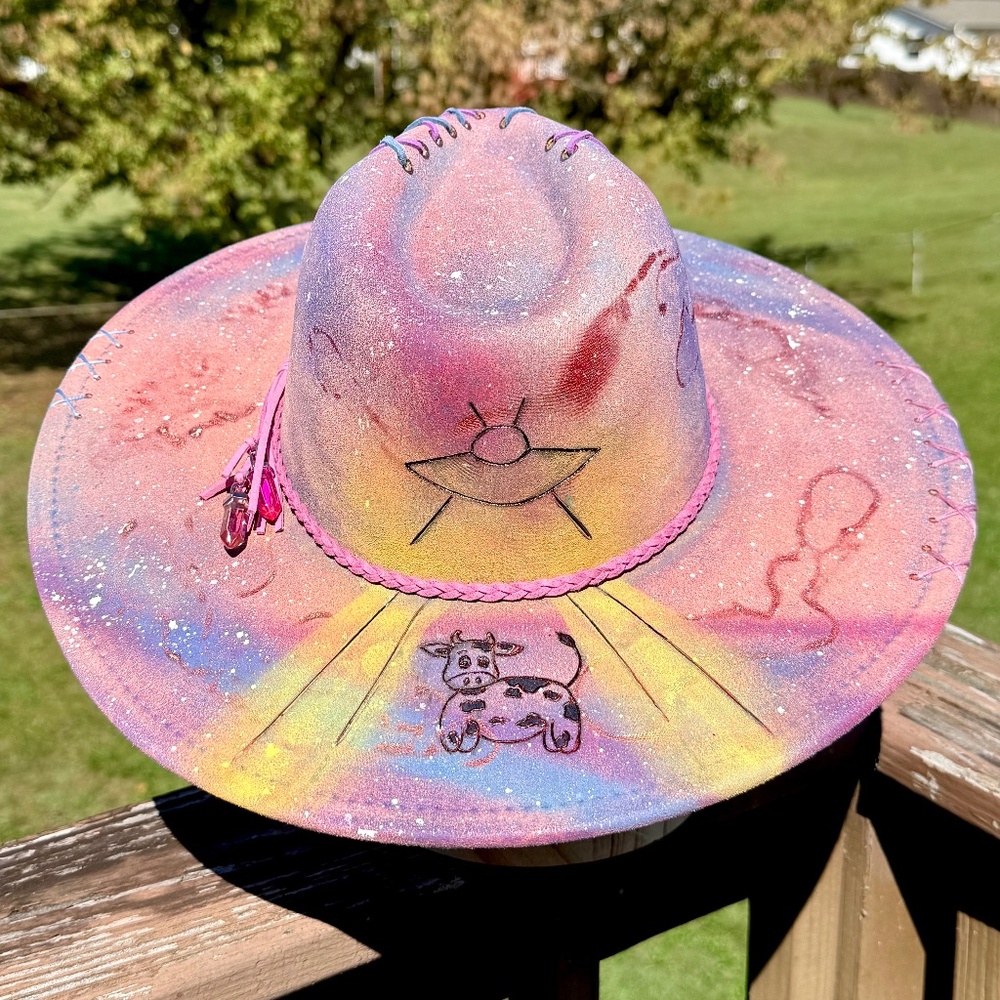 Cow Abduction Alien Burned Hat, Cow Burned Hat, Space Burned Hat, Galaxy Hat